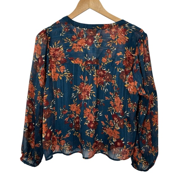 NWT Frye Floral Sheer Lurex Long Sleeve Split V-Neck Blouse - Picture 2 of 10